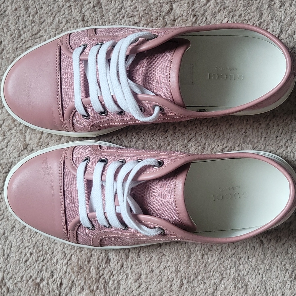 Gucci Pink Leather & Canvas Low-Top Sneakers